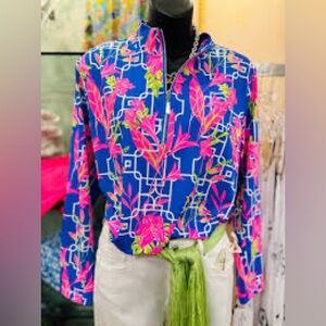Anthony’s Florida Resort Wear 1X Floral Art Deco Mock Neck 1/4 Zip UPF50+ Top